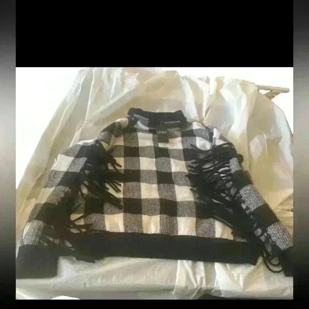 Ralph Lauren Women’s Sweater Buffalo Plaid Fringe Wool Black/White Sz L New